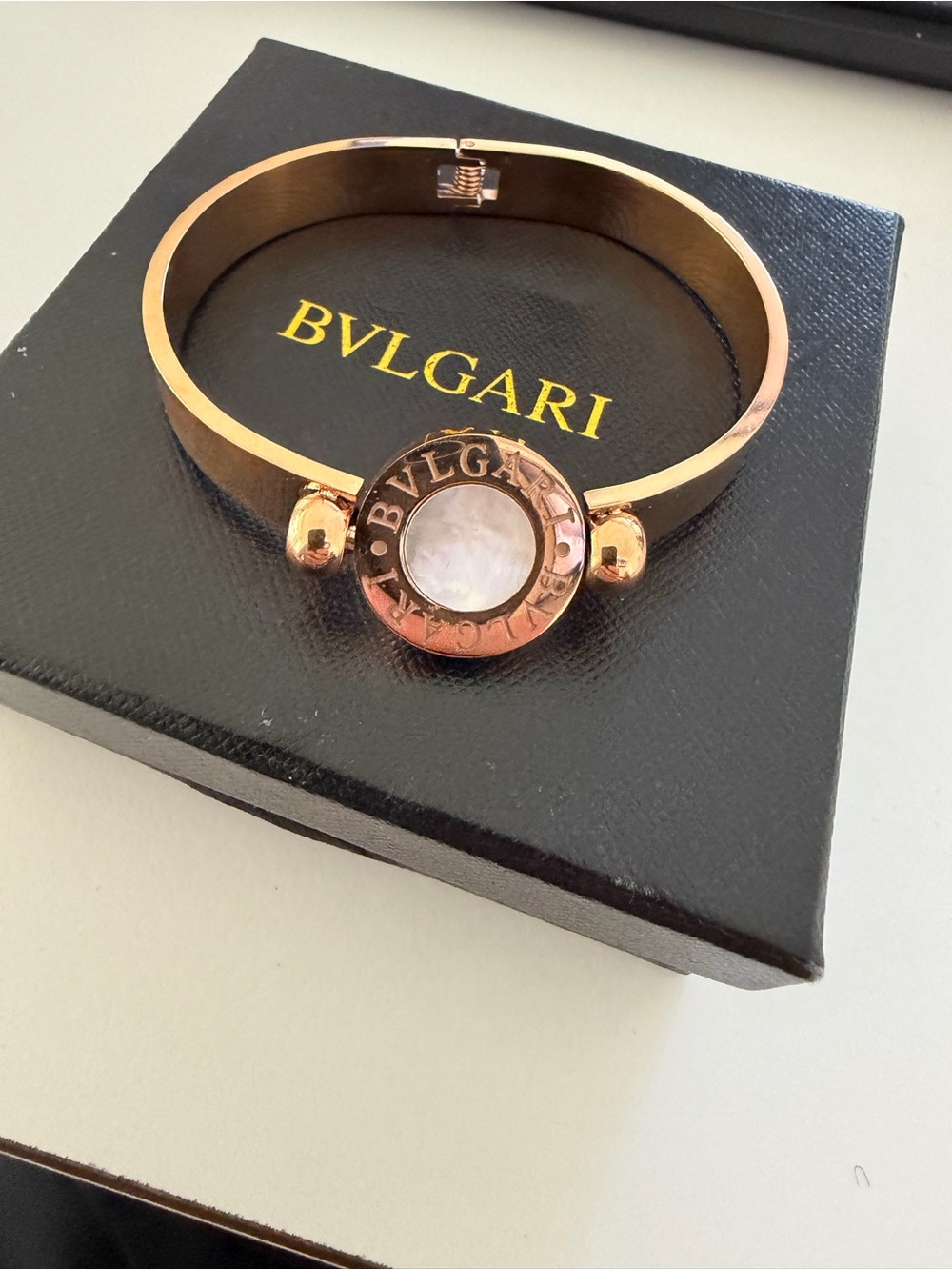 Bulgari Rose Gold Mother-of-Pearl Logo Bangle